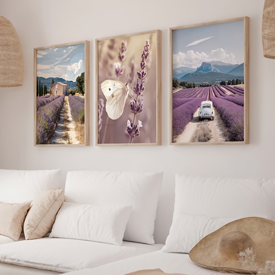 Lavender Oil - Lavendel Provence 3-teiliges Leinwand-Wandbild Schmetterling Auto
